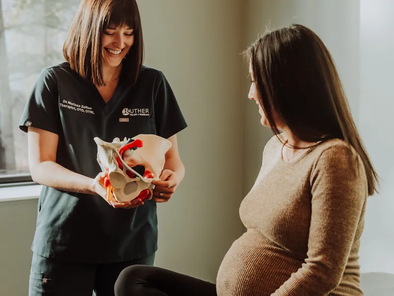 A therapist using a pelvis model to explain pelvic pain to a pregnant patient